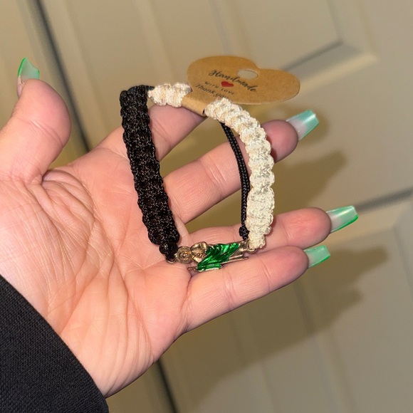 Other - Handmade Black & White Braided Bracelet with Green Leaf Charm